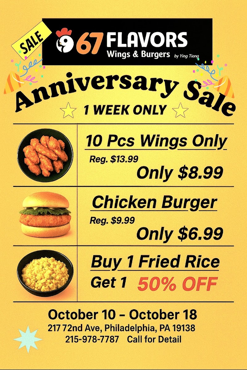 67 flavors Wings & Burgers menu board