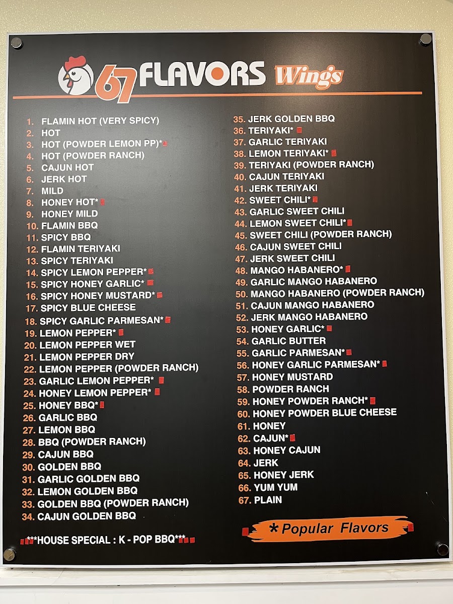67 flavors Wings & Burgers menu board