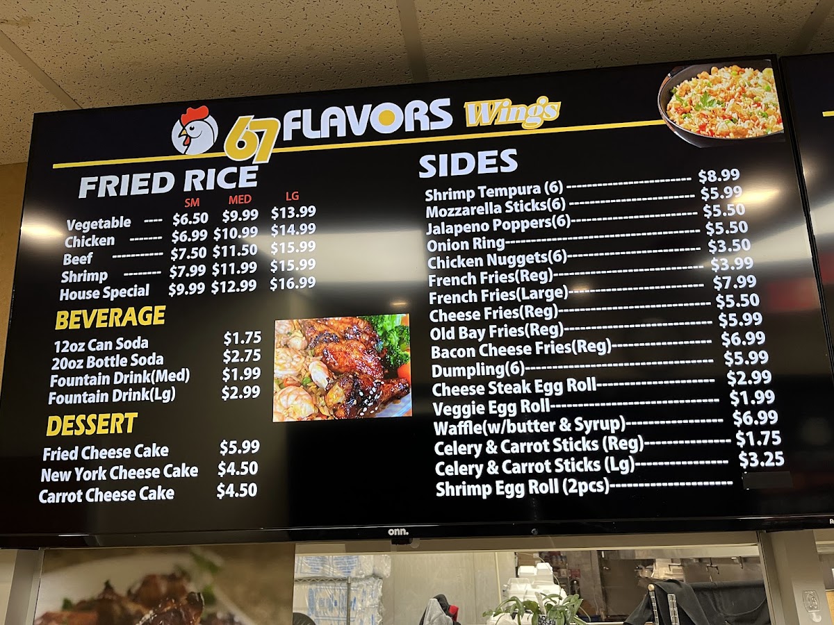 67 flavors Wings & Burgers menu board