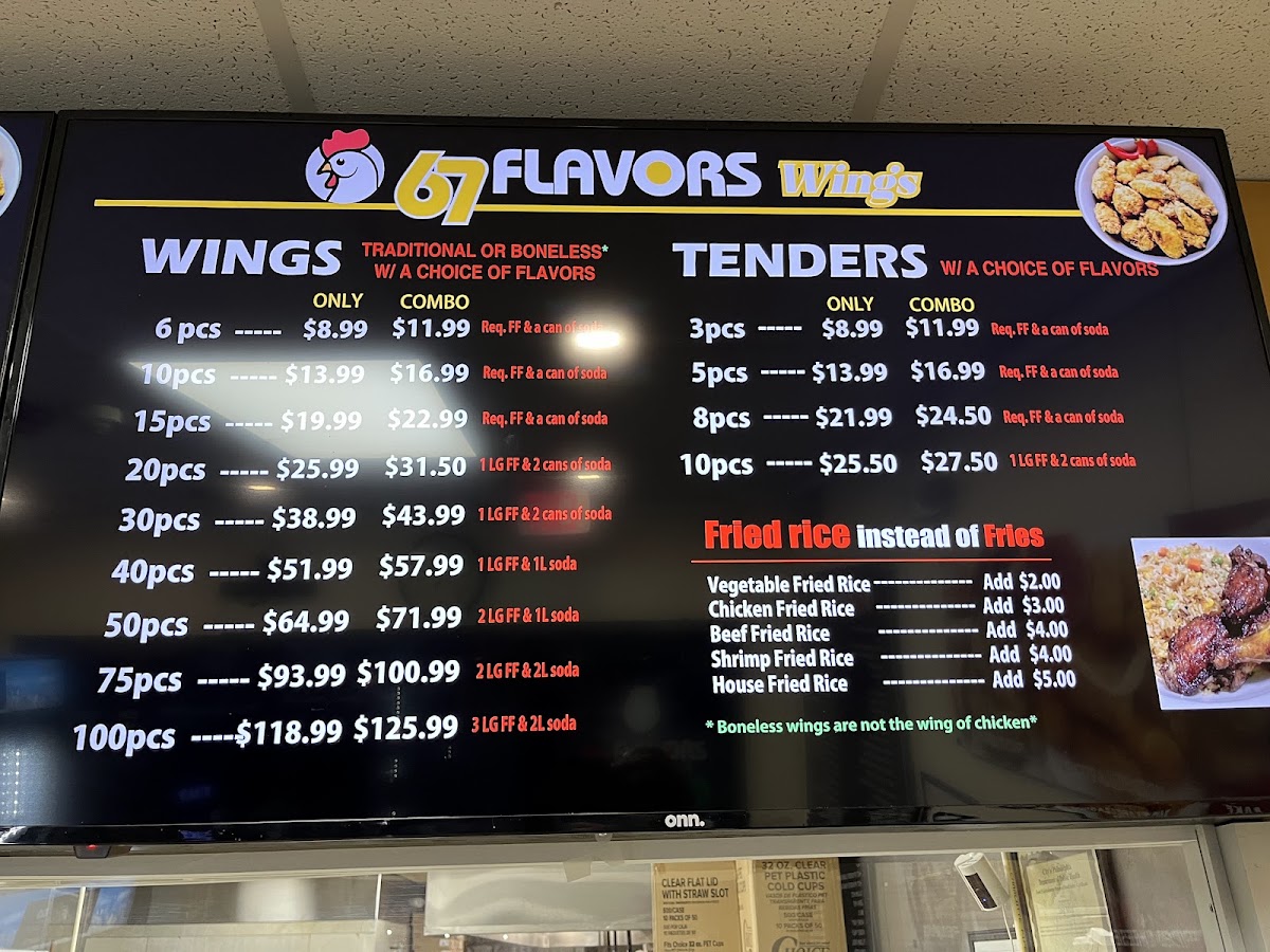 67 flavors Wings & Burgers menu board