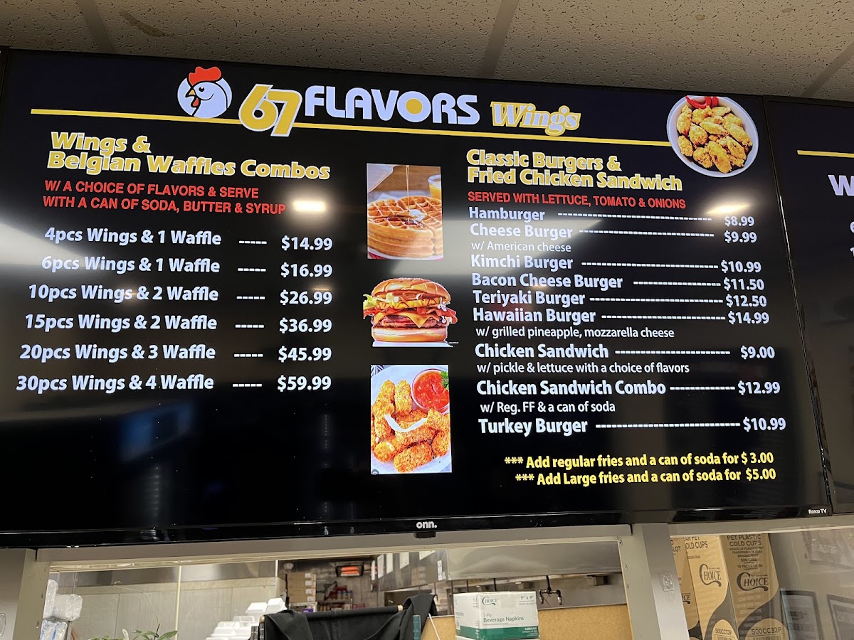 67 flavors Wings & Burgers menu board