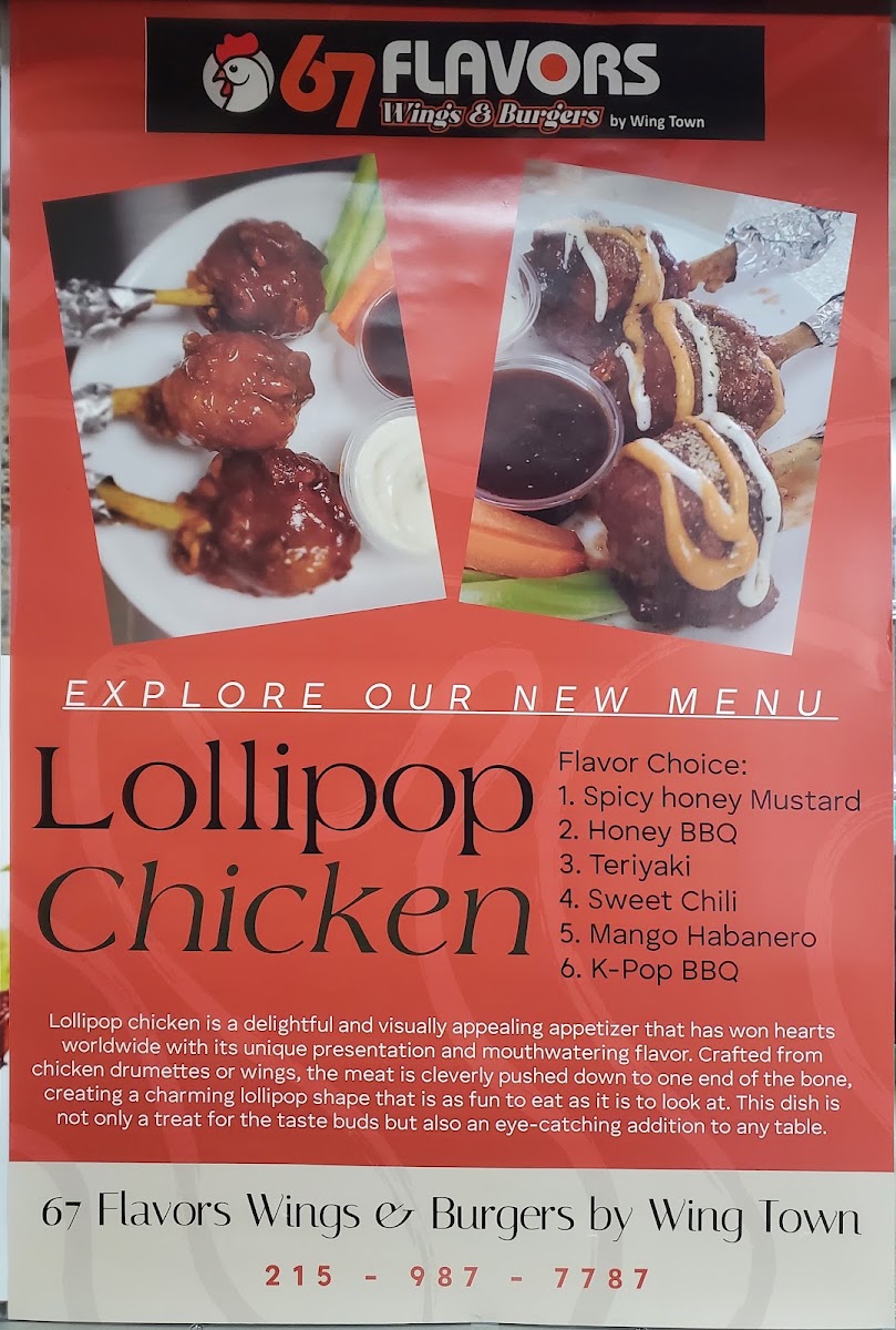 67 flavors Wings & Burgers menu board