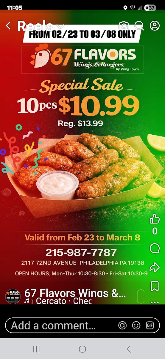 67 flavors Wings & Burgers menu board