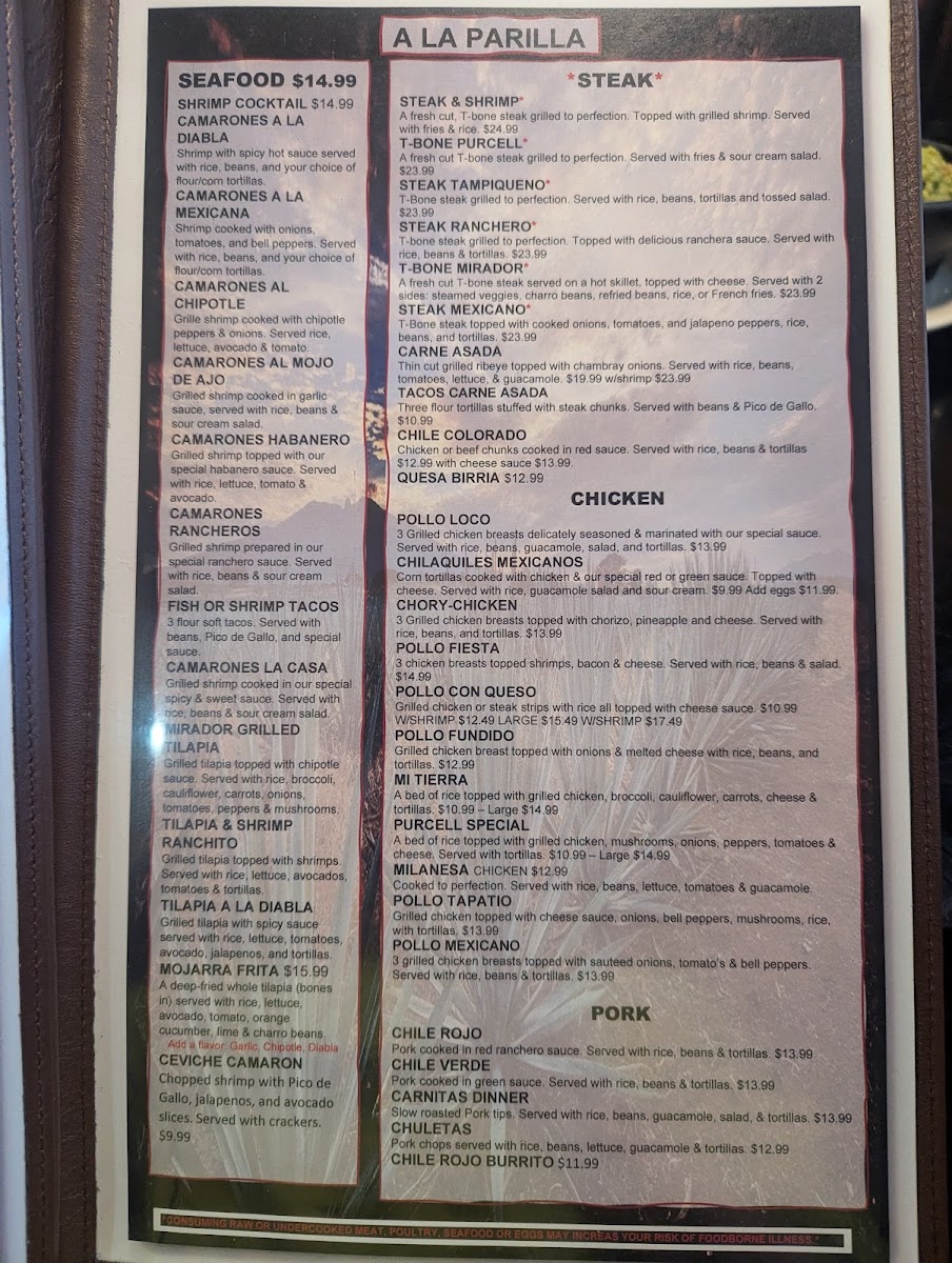 El Mirador Mexican Restaurant menu board