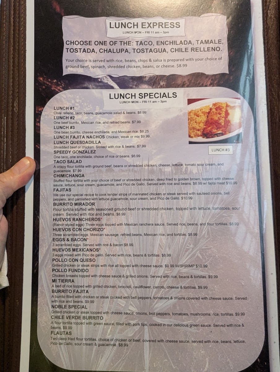 El Mirador Mexican Restaurant menu board