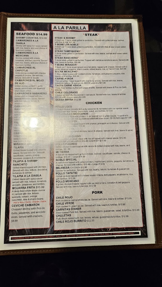 El Mirador Mexican Restaurant menu board