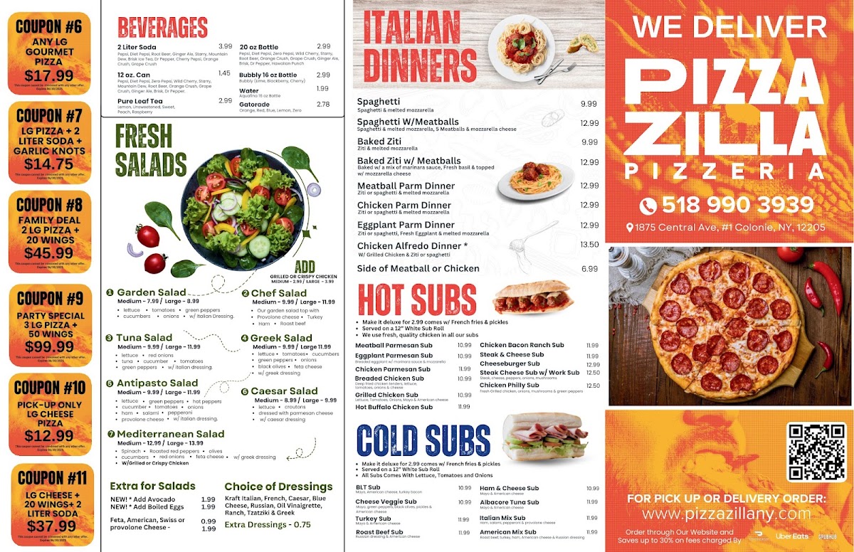 Pizza Zilla menu board