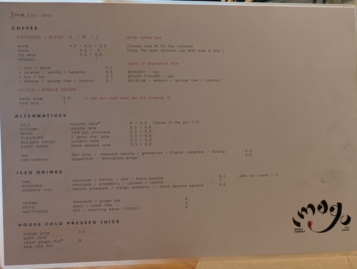 Imago Cafe & Bakery menu board