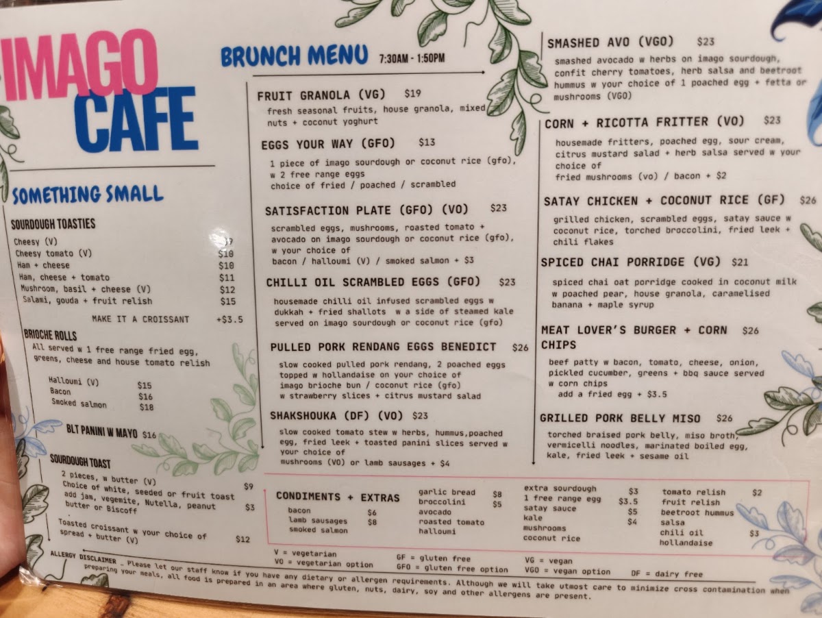 Imago Cafe & Bakery menu board