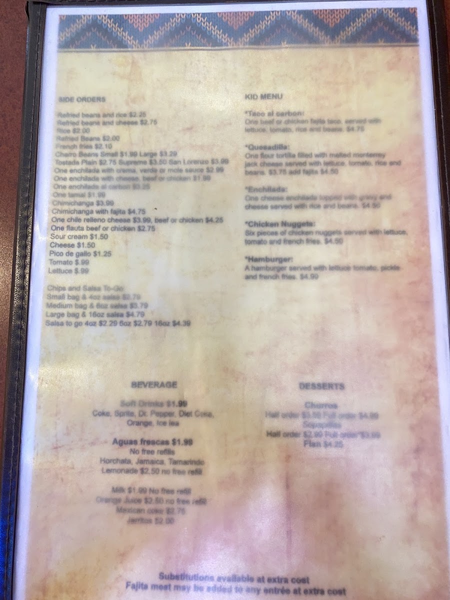 San Lorenzo Taqueria menu board