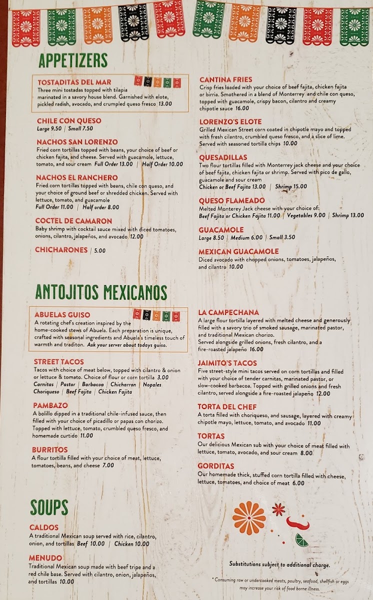 San Lorenzo Taqueria menu board