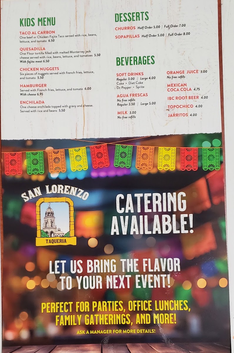 San Lorenzo Taqueria menu board