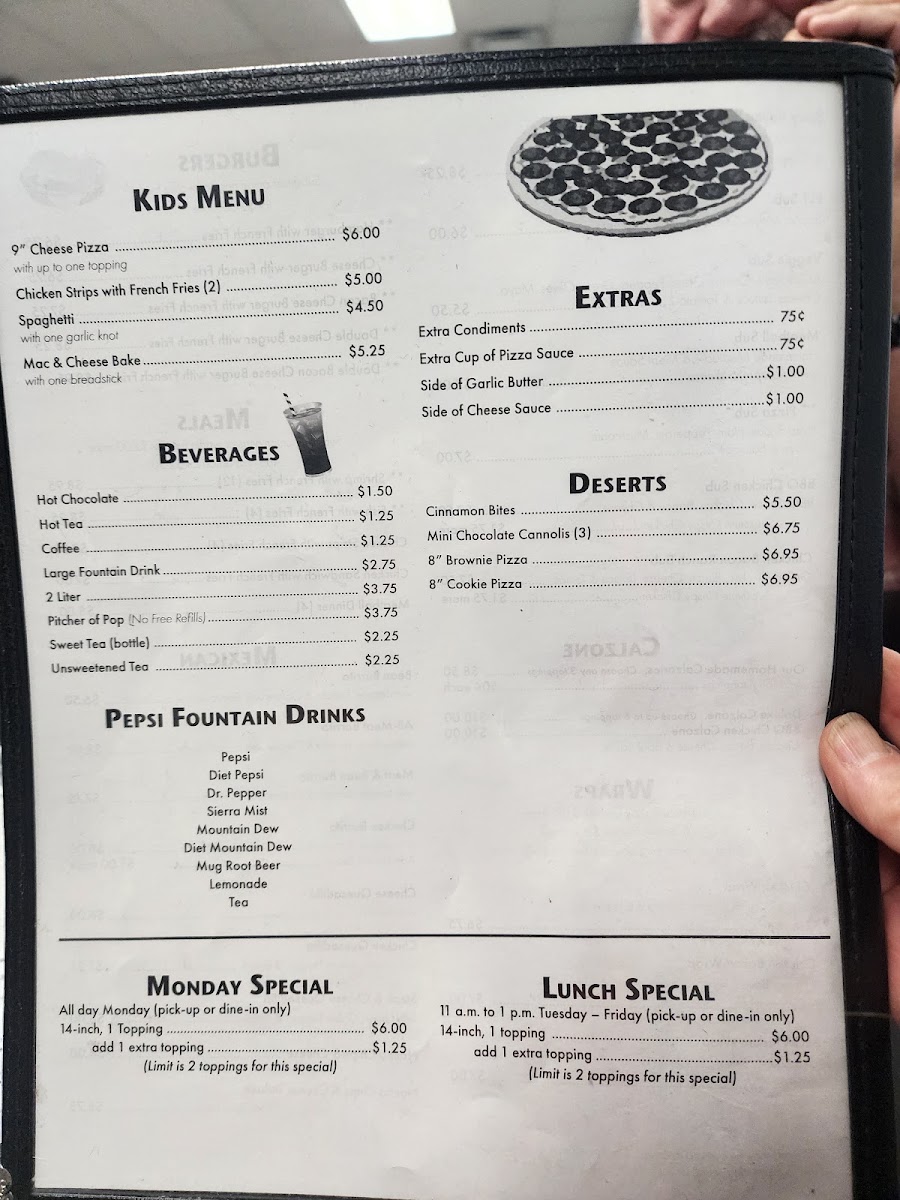 R&D's Pizzeria menu board