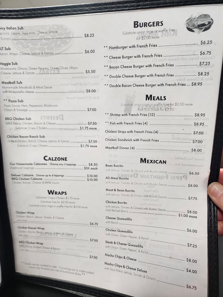 R&D's Pizzeria menu board