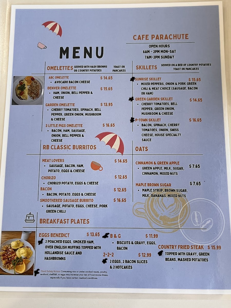 Cafe Parachute menu board
