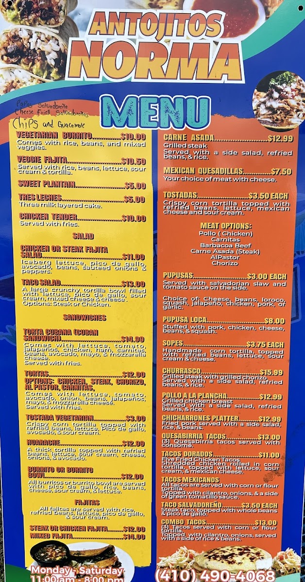 Antojitos Norma menu board
