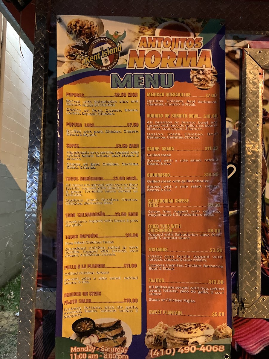 Antojitos Norma menu board