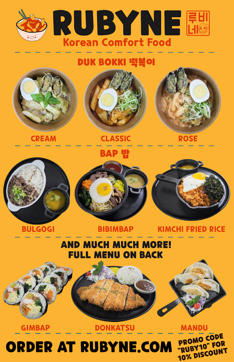 Rubyne Korean Comfort Food menu board