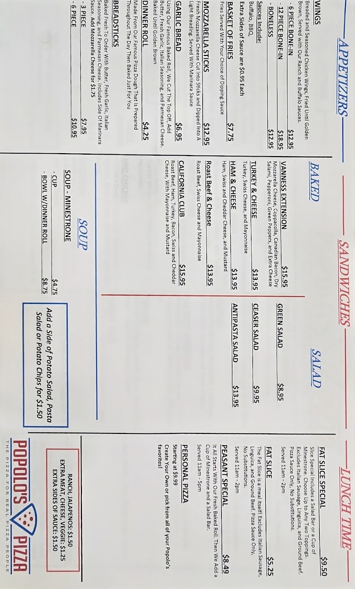 Popolo's Pizza menu board