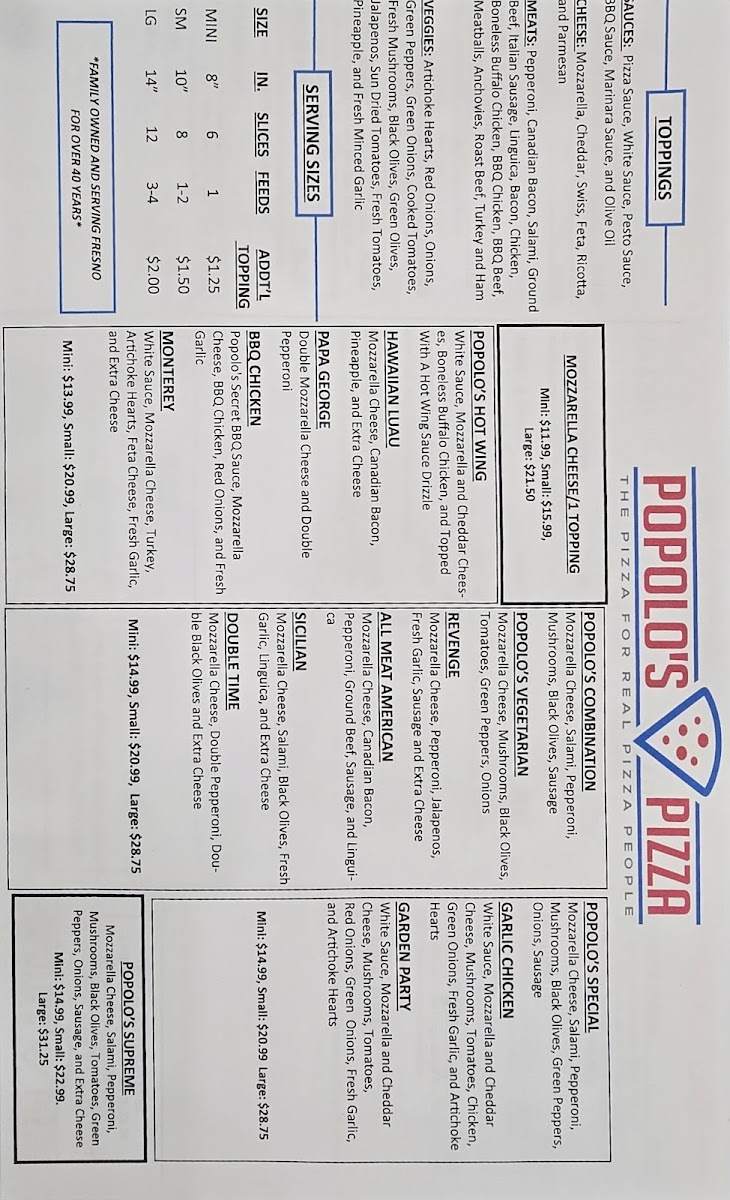 Popolo's Pizza menu board