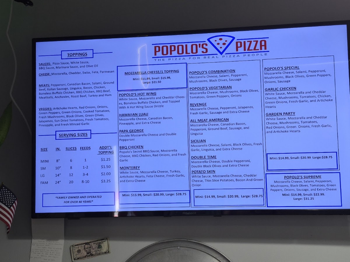 Popolo's Pizza menu board