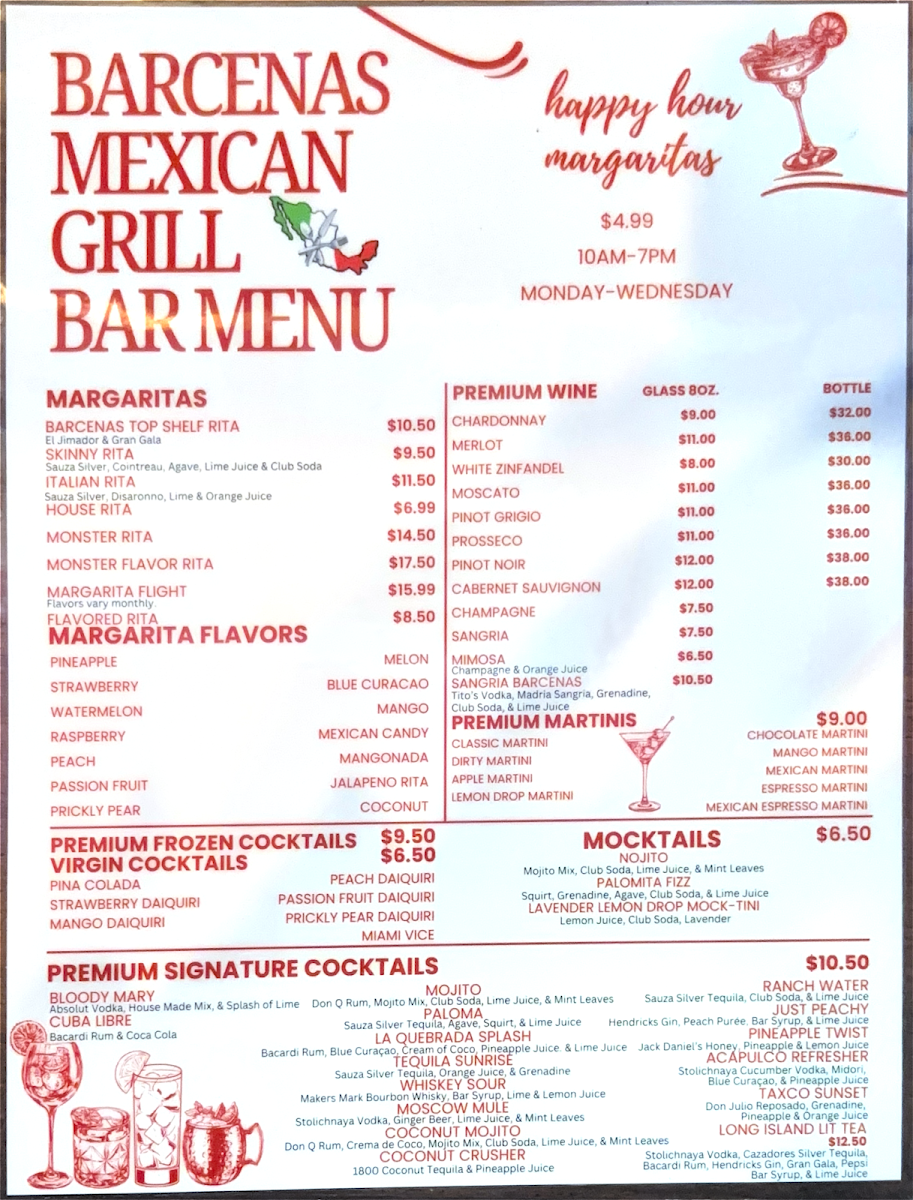 Barcenas Mexican Grill menu board