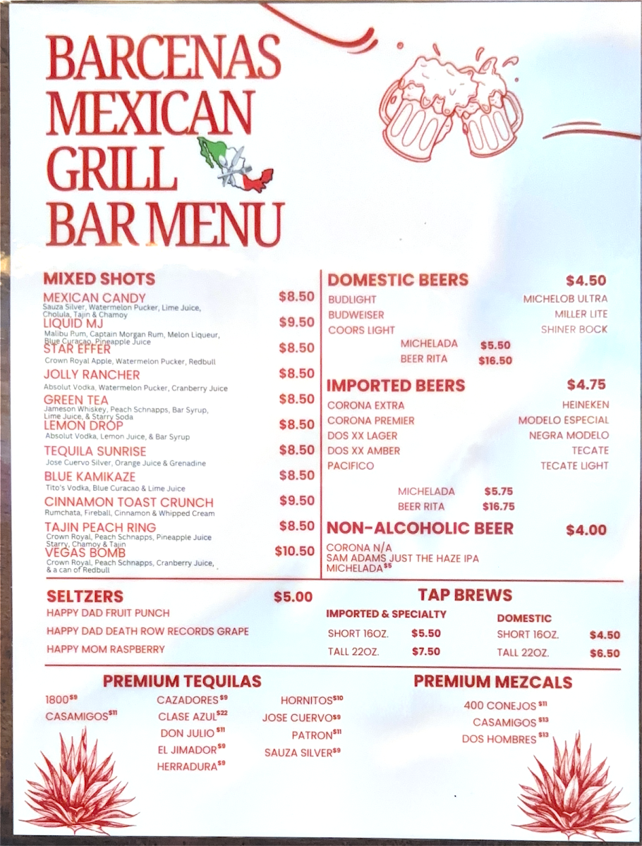 Barcenas Mexican Grill menu board