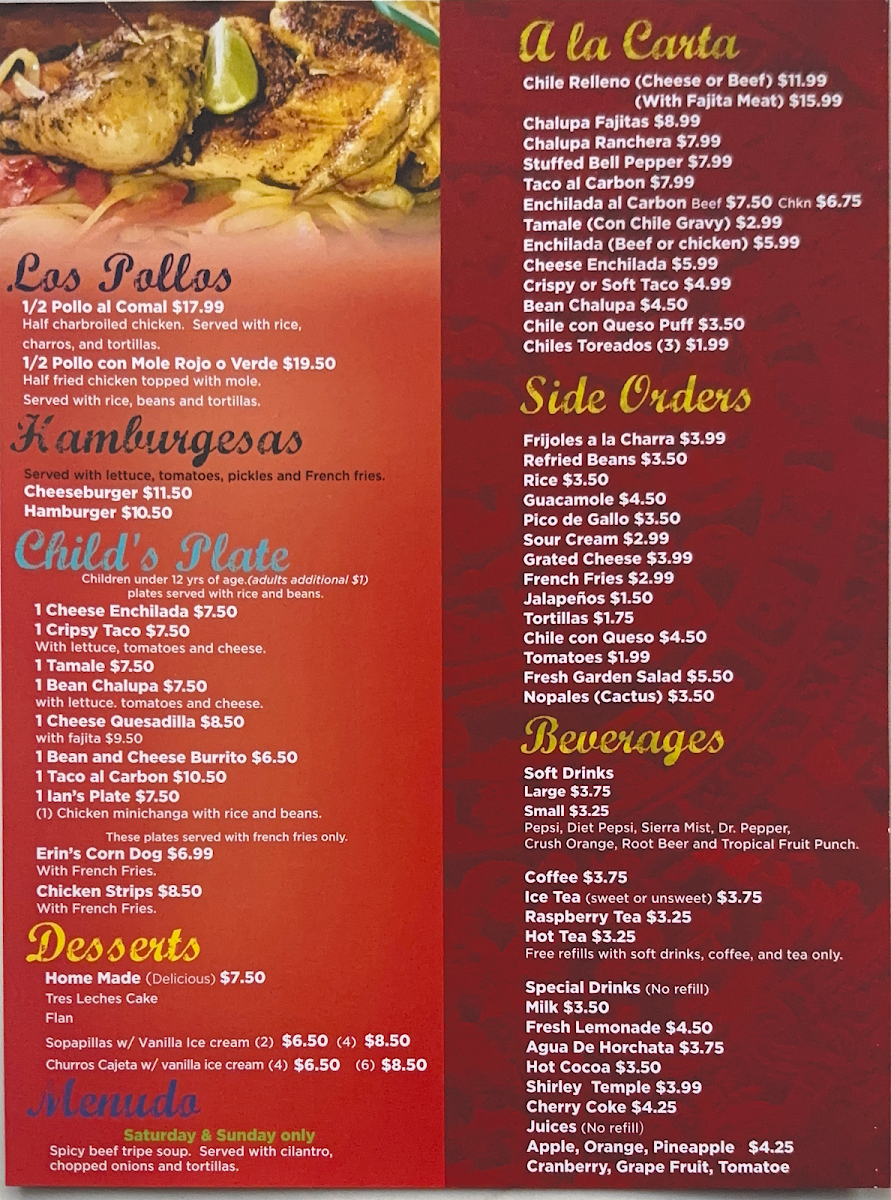Barcenas Mexican Grill menu board