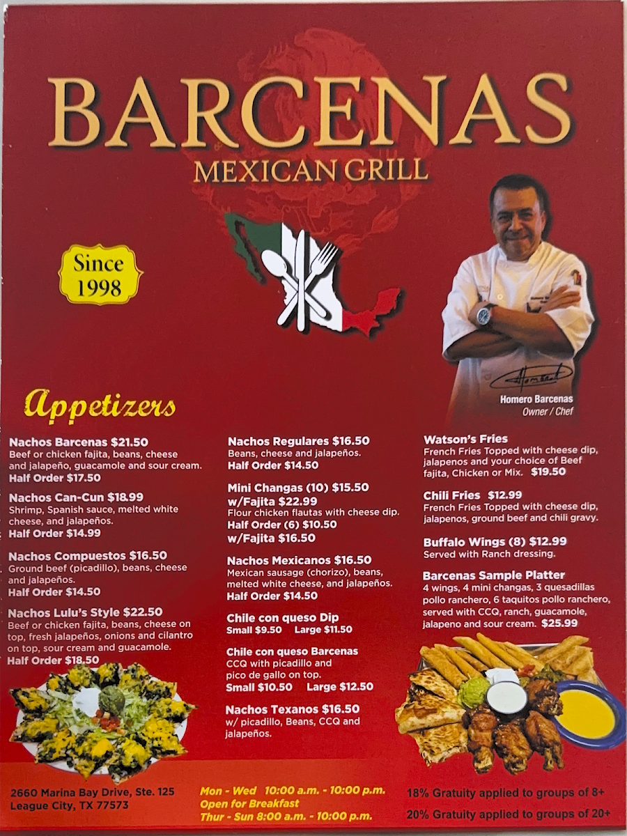 Barcenas Mexican Grill menu board