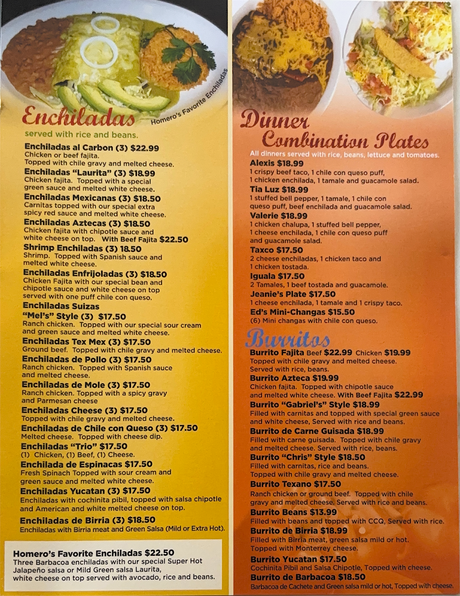 Barcenas Mexican Grill menu board