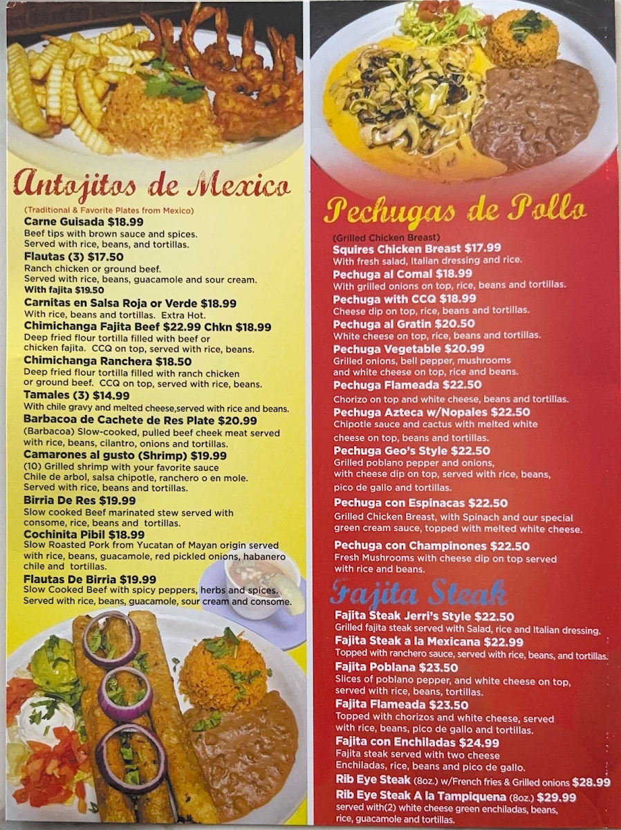 Barcenas Mexican Grill menu board