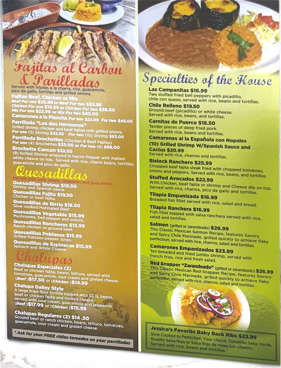 Barcenas Mexican Grill menu board