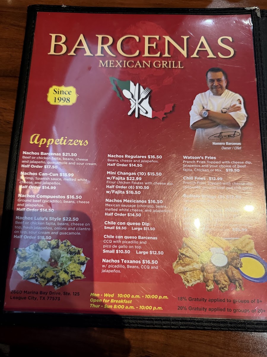 Barcenas Mexican Grill menu board