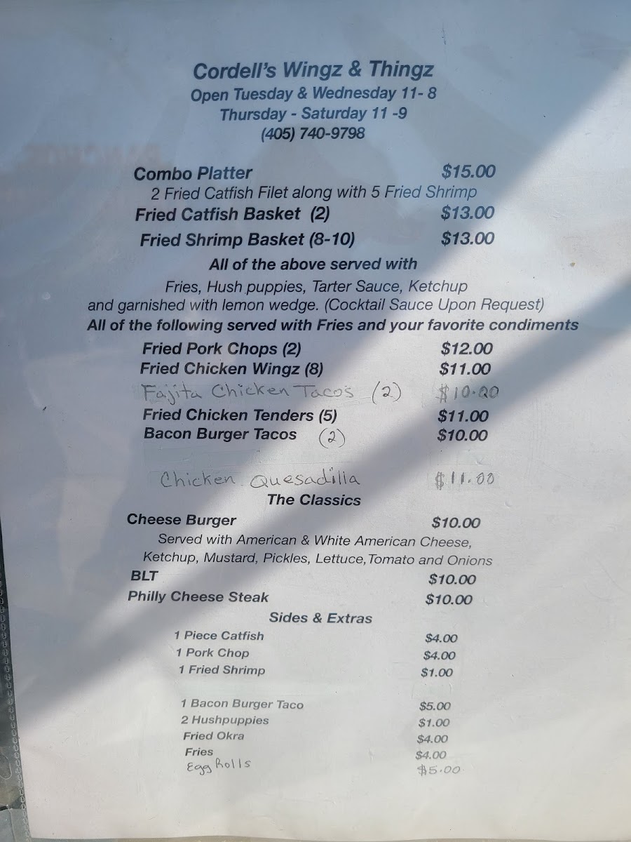 Cordell’s Wingz and Thangz menu board