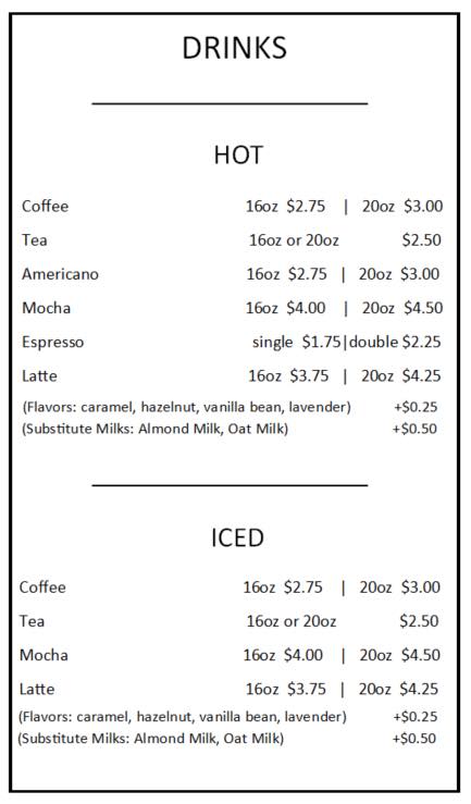 Main Street Gift & Cafe menu board