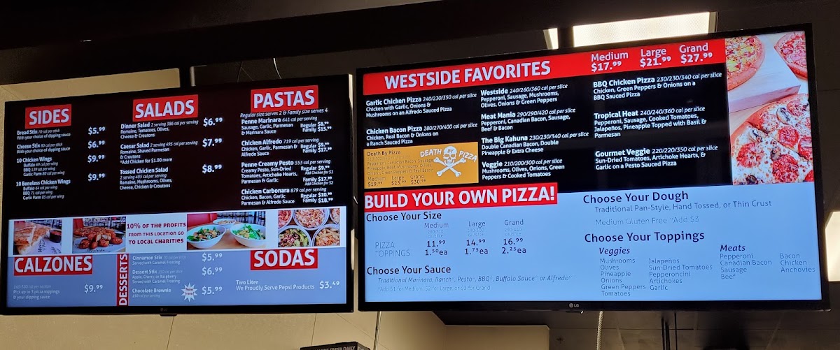 Westside Pizza menu board