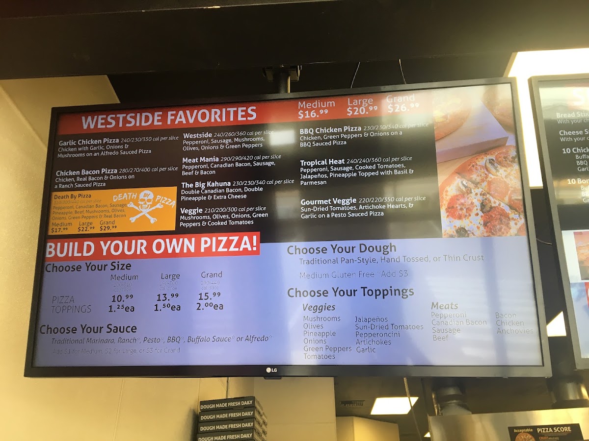 Westside Pizza menu board
