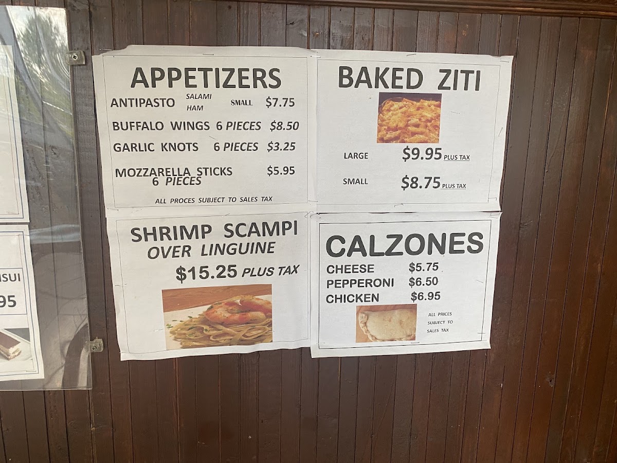 Dantes Pizza & Restaurant menu board