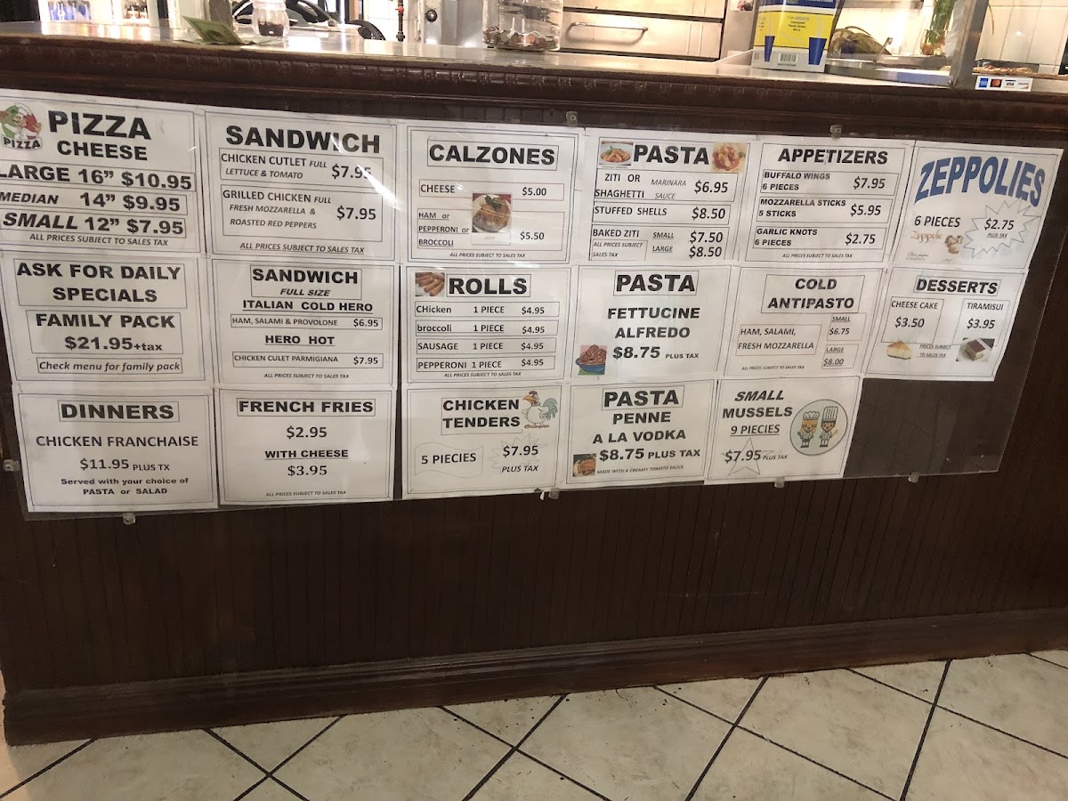 Dantes Pizza & Restaurant menu board