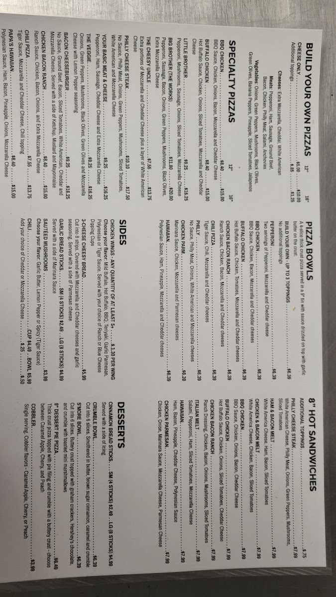 Five and Dime Pizza menu board