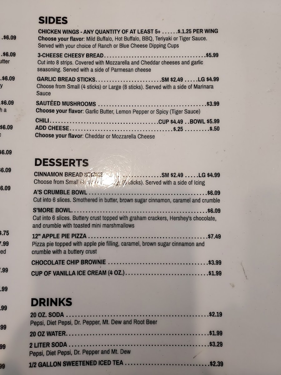 Five and Dime Pizza menu board