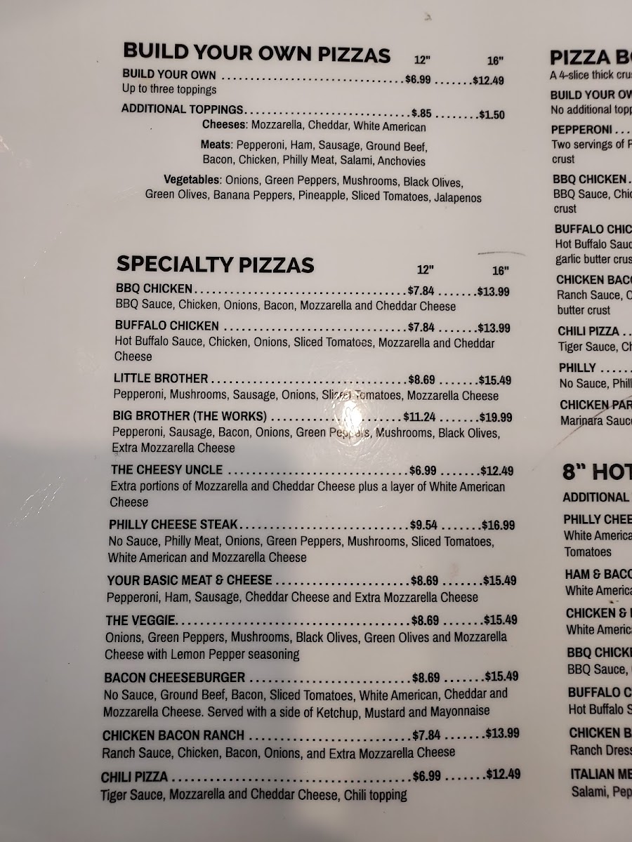 Five and Dime Pizza menu board