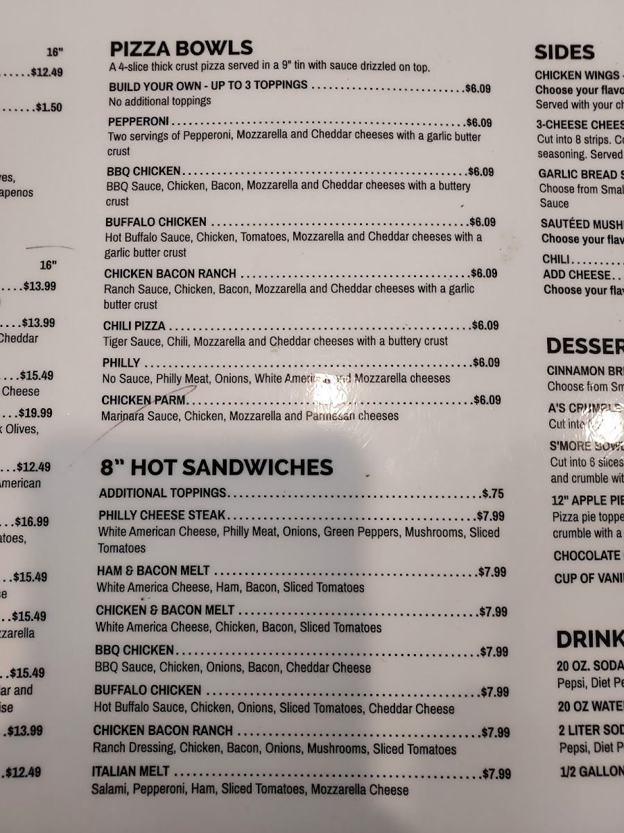 Five and Dime Pizza menu board