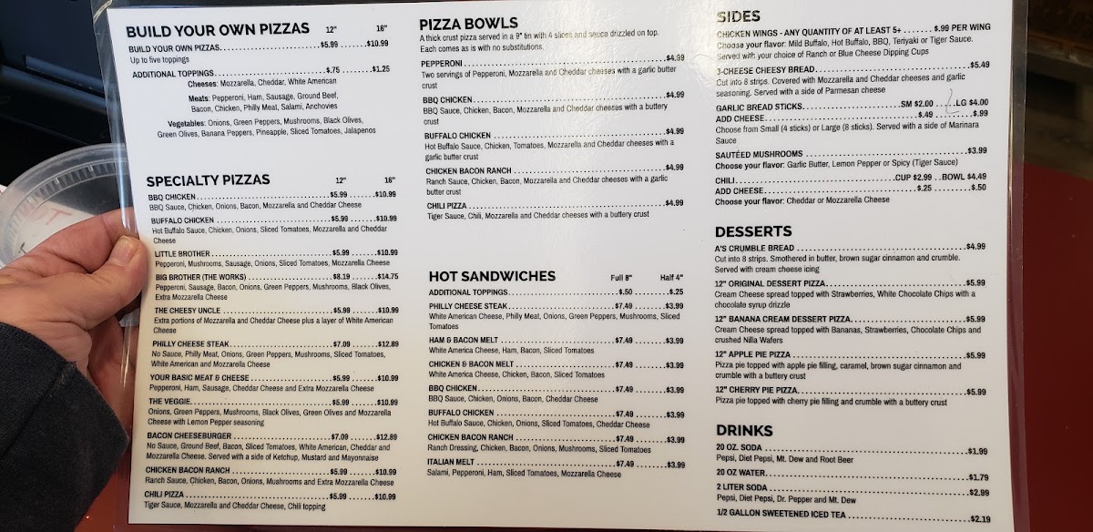 Five and Dime Pizza menu board