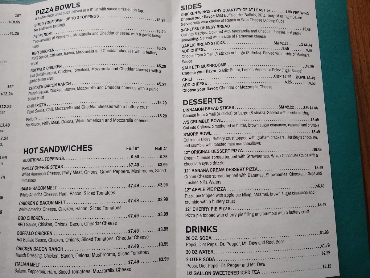 Five and Dime Pizza menu board