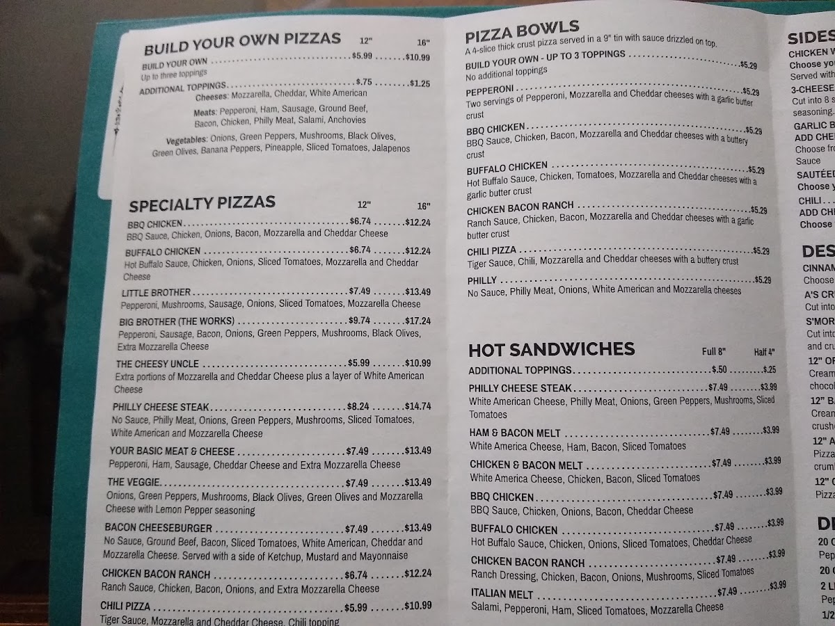 Five and Dime Pizza menu board