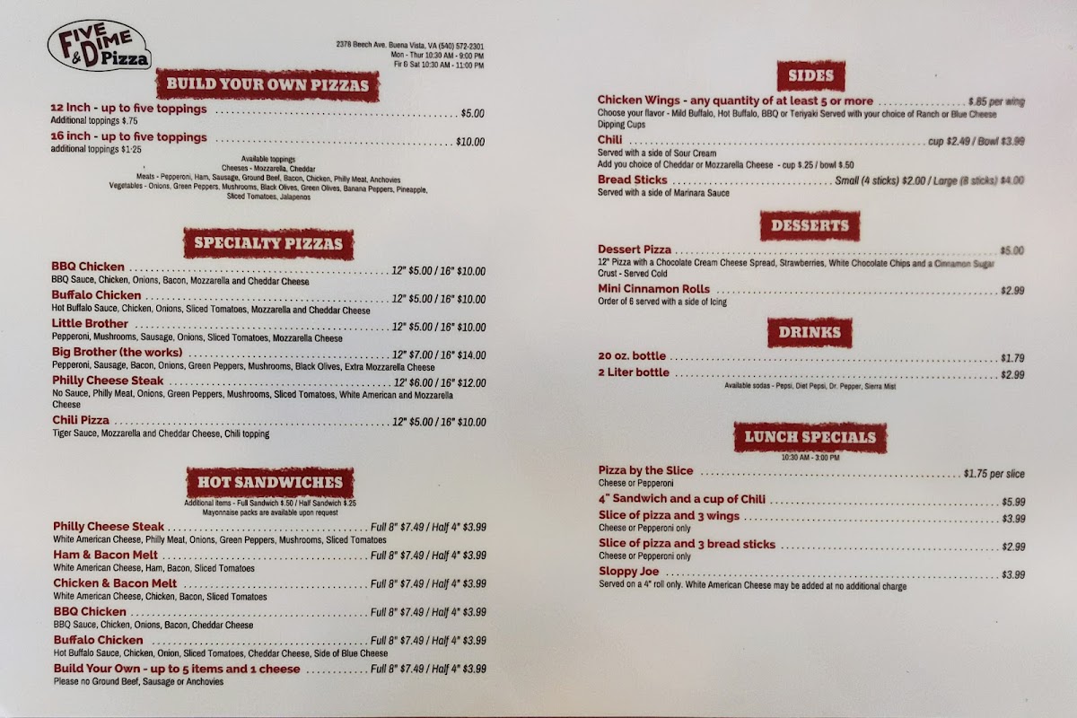 Five and Dime Pizza menu board