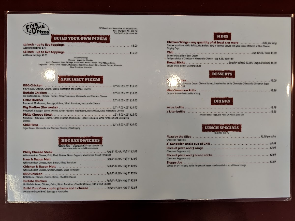 Five and Dime Pizza menu board
