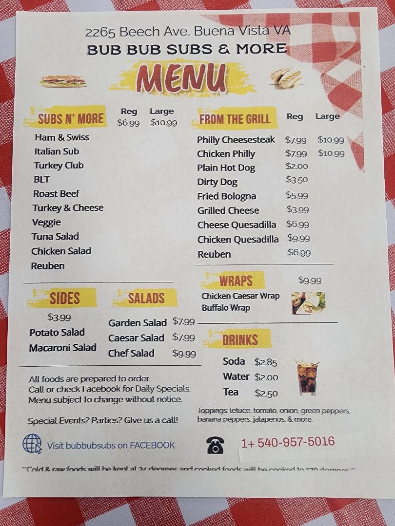 Bub Bubs Subs and More menu board
