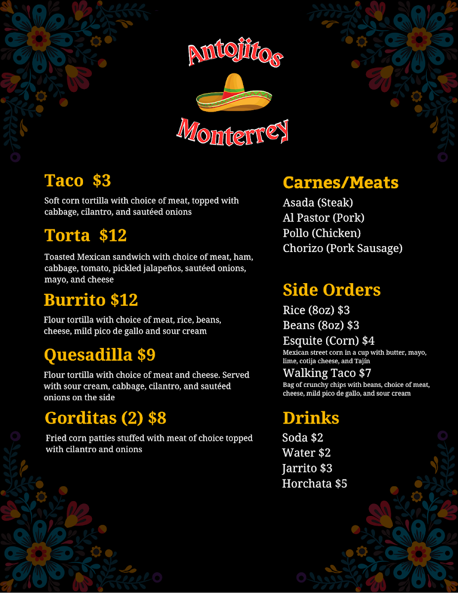 Antojitos Monterrey menu board